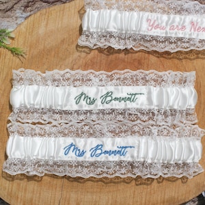 Custom Embroidered Lace Wedding Bridal Garter with Name, Something Blue
