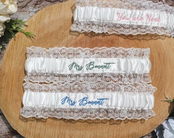 Custom Embroidered Lace Wedding Bridal Garter with Name, Something Blue