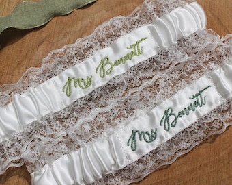 Custom Embroidered Lace Wedding Bridal Garter with Name, Something Blue