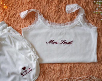 Personalized Bride Tank Top, Custom Embroidered Lace Cami, Honeymoon Pajamas for Bride, Bridal Party Gift, Bridesmaid Getting Ready Outfit