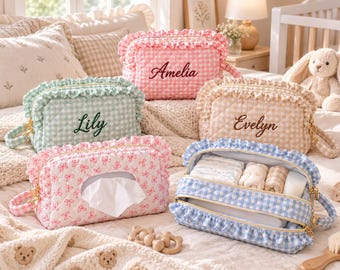 Personalized Gingham Diaper Pouch with Ruffles, Custom Embroidered Name, Baby Bag Organizer