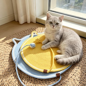 May include: A light blue and yellow circular woven rope cat mat with cat ear shapes on the rim. The mat features a yellow center, a light blue outer border, and two attached rope strings with small knotted balls in yellow and light blue colors.