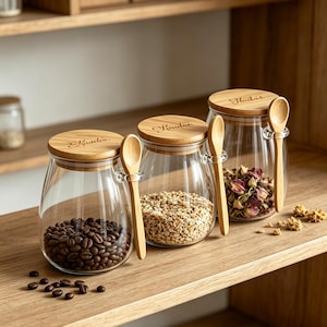 May include: Three clear glass storage jars with rounded bodies and bamboo lids. Each lid features an engraved script logo and a side loop holding a small wooden spoon. The jars contain coffee beans, light-colored grains, and dried rose petals.