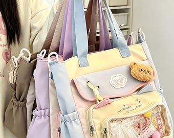 Bolso con ventana transparente de gran capacidad, bolso cruzado de anime adorable, mochila escolar minimalista estilo Harajuku para niñas, bolso de almacenamiento con múltiples compartimentos.