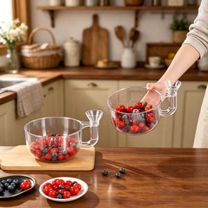 May include: Two clear plastic serving bowls with handles, filled with red and blue berries. One bowl rests on a wooden board, while the other is being held. A small plate of berries sits nearby.