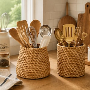 May include: Two woven rattan utensil holders containing various kitchen tools. The left holder is tapered and holds wooden spoons, a spatula, a whisk, and a ladle. The right cylindrical holder contains gold-toned metal utensils and a bottle opener.