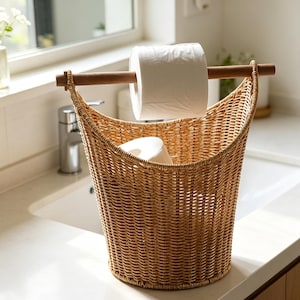 Cesto porta-papel higiênico de rattan trançado à mão, organizador de banheiro