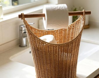 Handwoven Rattan Toilet Paper Holder Basket, Bathroom Organizer