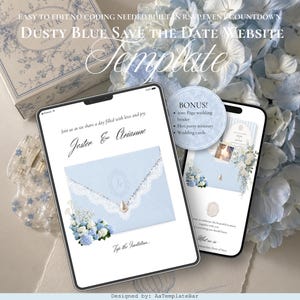 May include: A digital dusty blue save the date website template displayed on a tablet and smartphone screen. The design features a light blue envelope with white lace trim, floral accents, and the text Jester & Arianne. Includes bonus items.