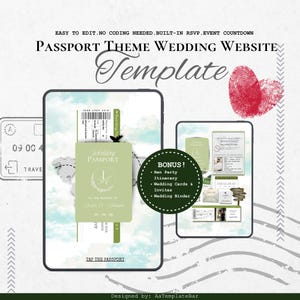 Digitale huwelijksuitnodiging paspoort met RSVP-link, trouwwebsite, aftellen bruiloft, tijdlijn trouwprogramma, sjabloon website Canva