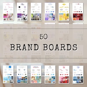 May include: An image showcasing 50 brand boards, each with a unique design. The boards feature various color palettes, images, and text, with the words "BRAND BOARDS" prominently displayed. The overall aesthetic is clean and professional, suitable for branding and design.