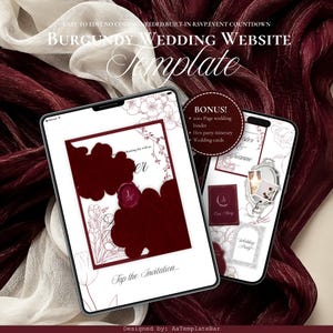 May include: A digital wedding website template displayed on a tablet and smartphone screen. The design features a burgundy and white color scheme with floral line art, a wax seal graphic, and text including BURGUNDY WEDDING WEBSITE TEMPLATE.