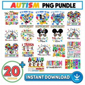 May include: A digital PNG bundle featuring 20 designs with autism awareness themes. Designs include Mickey and Minnie Mouse, Stitch, and castle graphics, with phrases like "It's Okay to Be Different" and "Autism Awareness". The text "Instant Download" is also present.