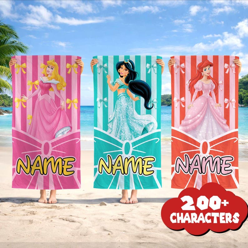 Disneyland All Princess Personalized Beach Towel, Disneytrip Belle Jasmine Ariel Tiana Pool Party Towels,Custom Name Towel, Birthday Gift image 2