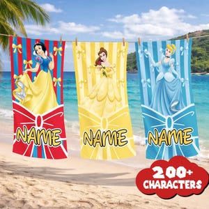 Disneyland All Princess Personalized Beach Towel, Disneytrip Belle Jasmine Ariel Tiana Pool Party Towels,Custom Name Towel, Birthday Gift image 1