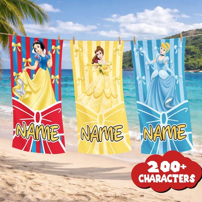 Disneyland All Princess Personalized Beach Towel, Disneytrip Belle Jasmine Ariel Tiana Pool Party Towels,Custom Name Towel, Birthday Gift image 1