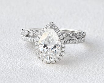 Pear Cut Lab Grown Diamond Bridal Set, Halo Engagement Ring Matching Band, 14k White Gold Teardrop Diamond Ring, Unique Gift For Women