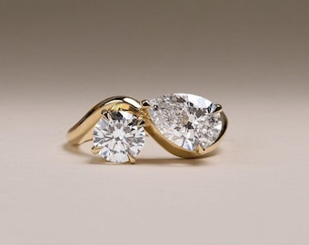Toi et Moi Lab Grown Diamond Engagement Ring, Yellow Gold Pear Round Bypass Ring, Anniversary Gift For Women, Antique Ring