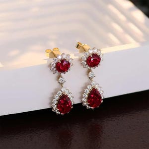 Lab Ruby Pear Round Drop Earrings, Yellow Gold Moissanite Halo Dangle Earrings Bridal Red Gemstone Jewelry, 925 Silver