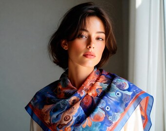 Hand painted batik 100% natural mulberry silk scarf, Gift for Her 27.6x27.6 in - Mythos