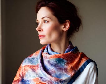 Hand Painted Batik Mulberry Silk Scarf, Abstract 27.6×27.6 in, Gift for Her — Ethra