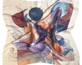 Hand Painted Batik Mulberry Silk Scarf, Artistic Design 35.4×35.4 in, teacher gifts