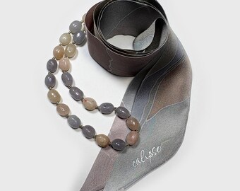 Hand Painted Batik Silk Scarf with Natural Stone Bead Jewelry (5x96 cm)