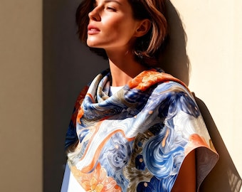 Hand painted batik 100% natural mulberry silk scarf, Gift for Her 27.6x27.6 in - Marea