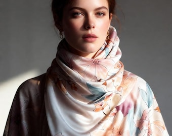 Hand painted batik 100% natural mulberry silk scarf, Gift for Her 27.6x27.6 in, teacher gifts - Flora