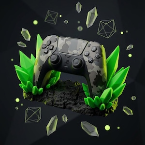 May include: A camouflage-patterned games controller, set against a dark background with green crystals and geometric shapes. The controller has black buttons and a central logo. The design is modern and stylized, with a focus on gaming aesthetics.