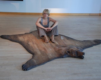 Wood carved , bear-skin rug''SUBSTITUTE'' sculpture by David Czerniejewski