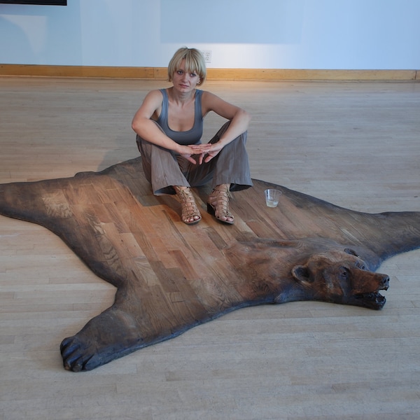 Wood carved , bear-skin rug''SUBSTITUTE'' sculpture by David Czerniejewski