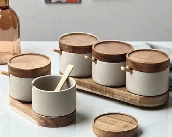 Tarro de especias de cerámica hecho a mano – Tarro de condimentos de estilo japonés con tapa de cuchara de bambú