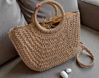 Bolso de paja tejido a mano: bolso bohemio playero de verano, bolso con asa para vacaciones en el mar.
