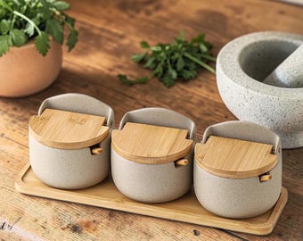 Especiero de cerámica japonesa con tapa y cuchara de bambú: recipiente para almacenar en la cocina