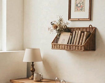 Cesta de pared rústica de ratán con ganchos – Almacenamiento tejido de estilo granja para baño y recibidor