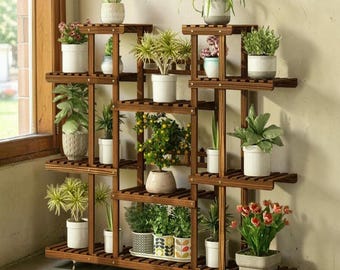 Soporte para plantas de alta resistencia de 11 niveles – Estante esquinero de madera carbonizada para macetas y flores