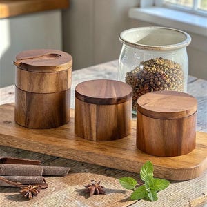 Peut inclure: Trois récipients en bois pour sel et épices avec couvercles, disposés sur une planche de service en bois. Un bocal en verre rempli d'épices est en arrière-plan. Bâtons de cannelle, badiane et feuilles de menthe.