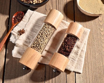 Molinillo de sal y pimienta de madera artesanal con núcleo de cerámica ajustable y accesorio de cocina de acrílico.