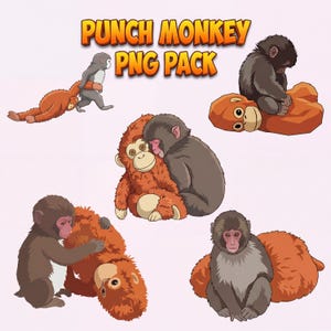 May include: A digital graphic pack labelled "PUNCH MONKEY PNG PACK" showing cartoon monkeys in different poses. The monkeys are in shades of brown, grey, and orange, some cuddling and interacting. The style is playful, suitable for digital art projects and graphic design.