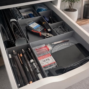 Peut inclure: Tiroir ouvert rempli de fournitures de bureau organisées. On y trouve des stylos noirs, un rapporteur, un smartphone et un récipient de vis. Sont également visibles : une pince, une clé USB et des rouleaux de matériau noir.