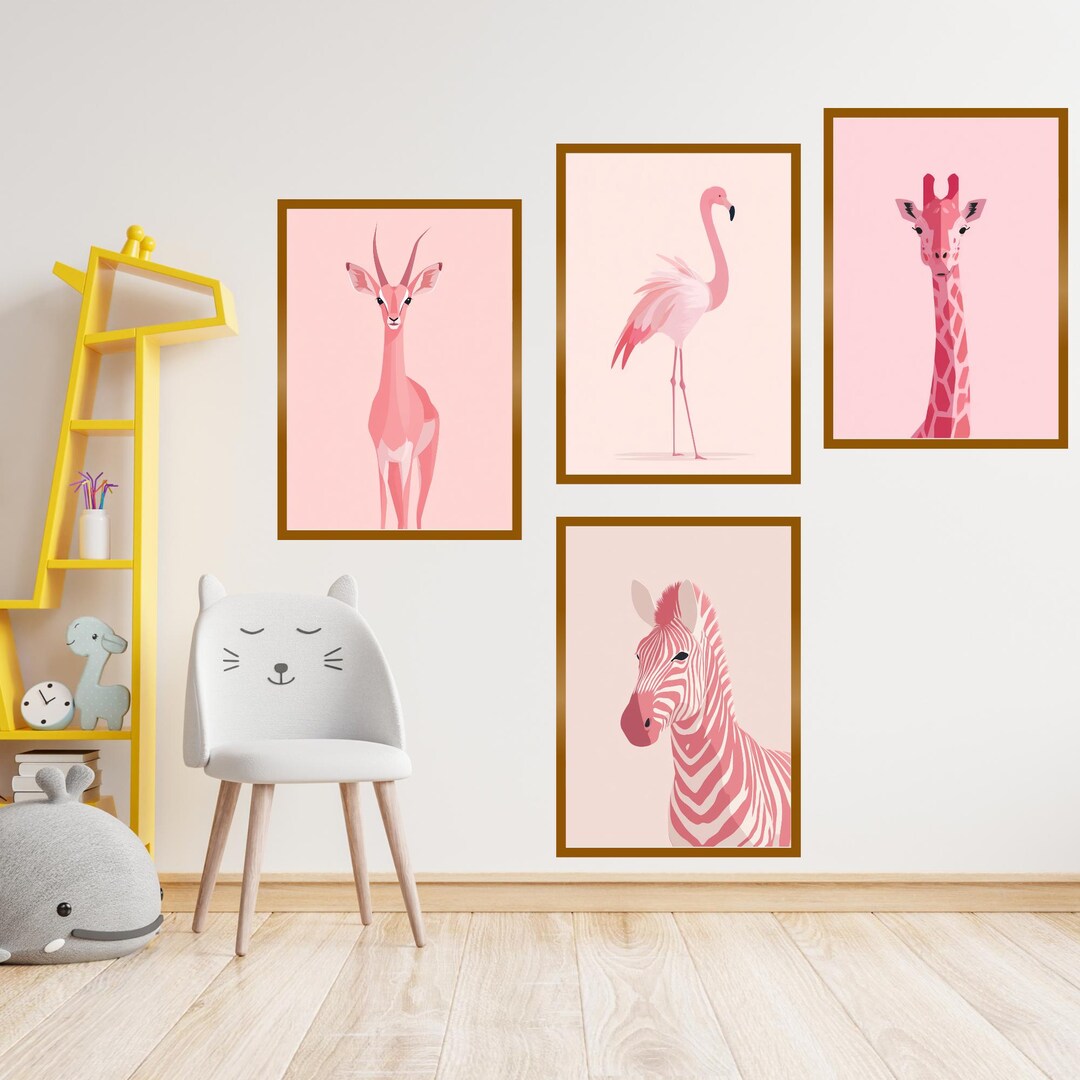 Pink Safari Animal Nursery Art Set | Giraffe, Flamingo, Zebra Prints ...