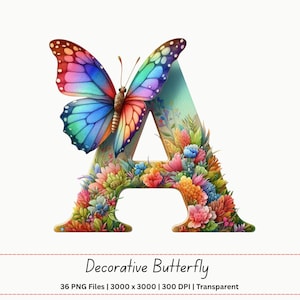 May include: A decorative letter "A" featuring a colourful butterfly and floral design. The butterfly has wings in shades of blue, pink, orange, and green. The letter is adorned with various flowers in vibrant colours. The text "Decorative Butterfly" is at the bottom.