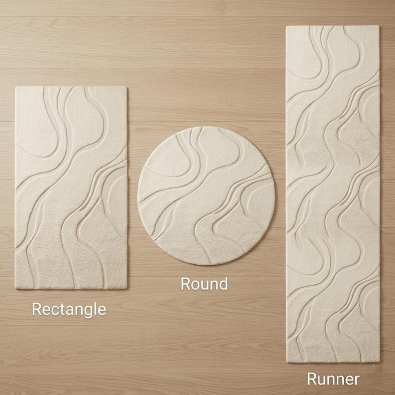 Hand Tufted Wool Rug, Cream Organic Wavy Pattern, Scandinavian Living ...