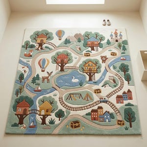May include: A rectangular area rug featuring a colorful illustrated map design with treehouses, a castle, a winding river, a train track, treasure chests, hot air balloons, and various forest animals including a fox, deer, bear, and owl.
