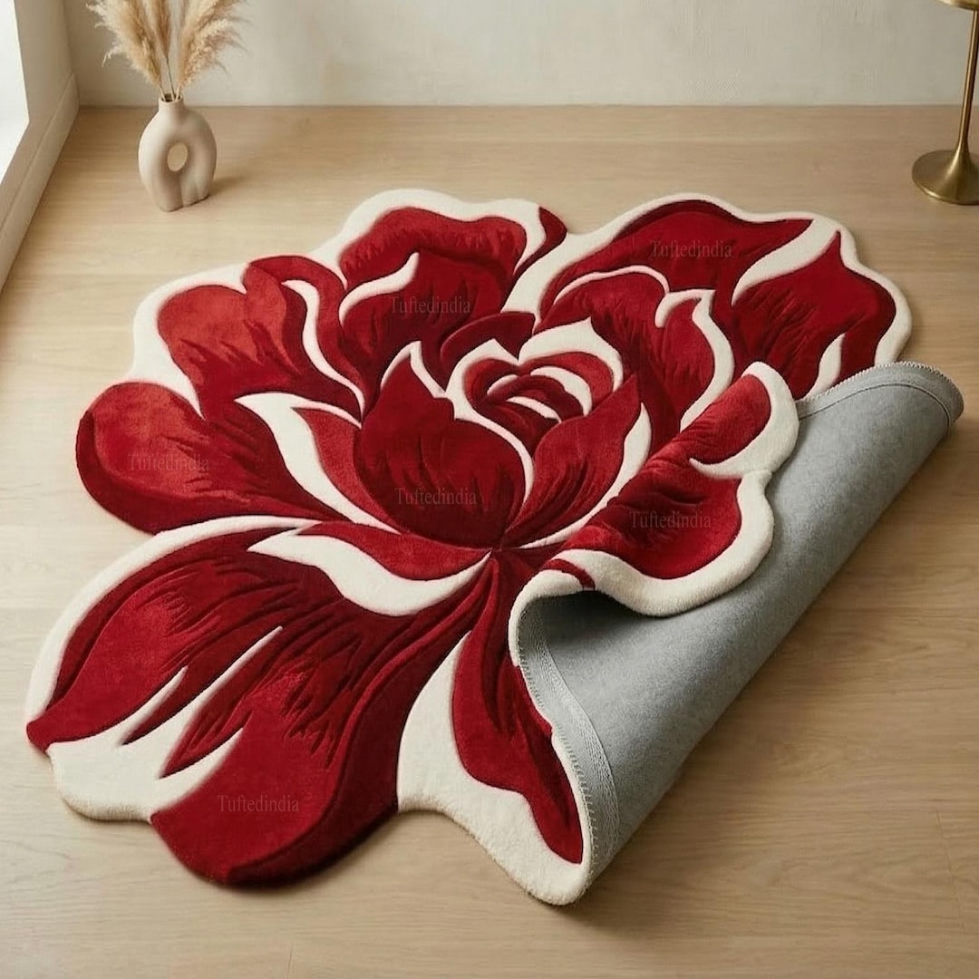 Red Rose Shaped Tufted Rug, Floral Area Rug, Unique Flower Carpet ...