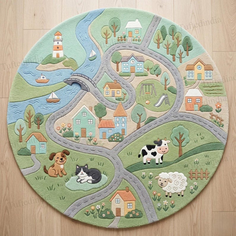 Kids Playroom Road Rug, Hand Tufted Nursery Rug, Educational Activity ...