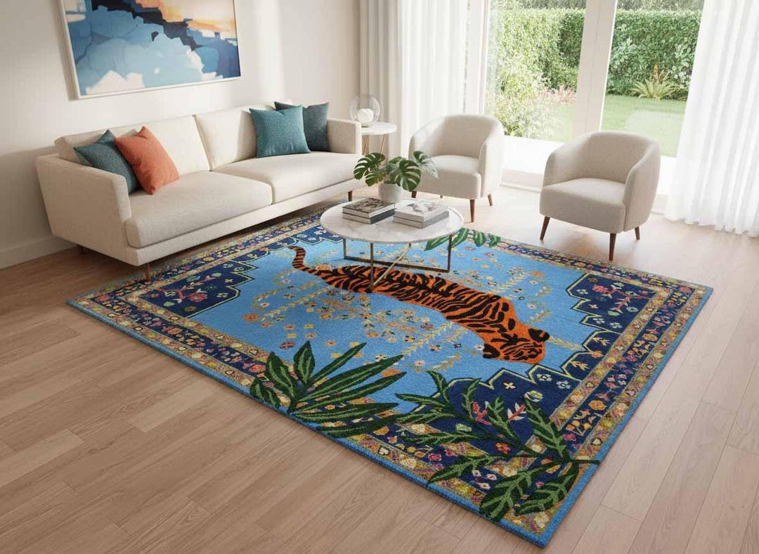 Tiger Hand Tufted Rug, Blue Jungle Area Rug, Animal Print Carpet ...