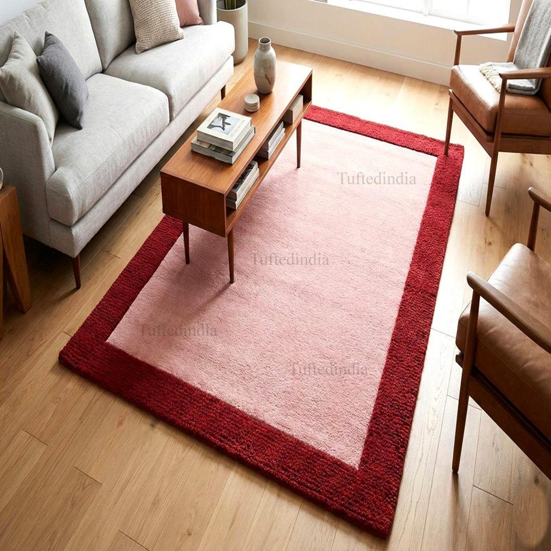 Border Area Rug Pink Blush Pink Hand Tufted Rug, Red Border Area Rug, Minimalist Modern ...