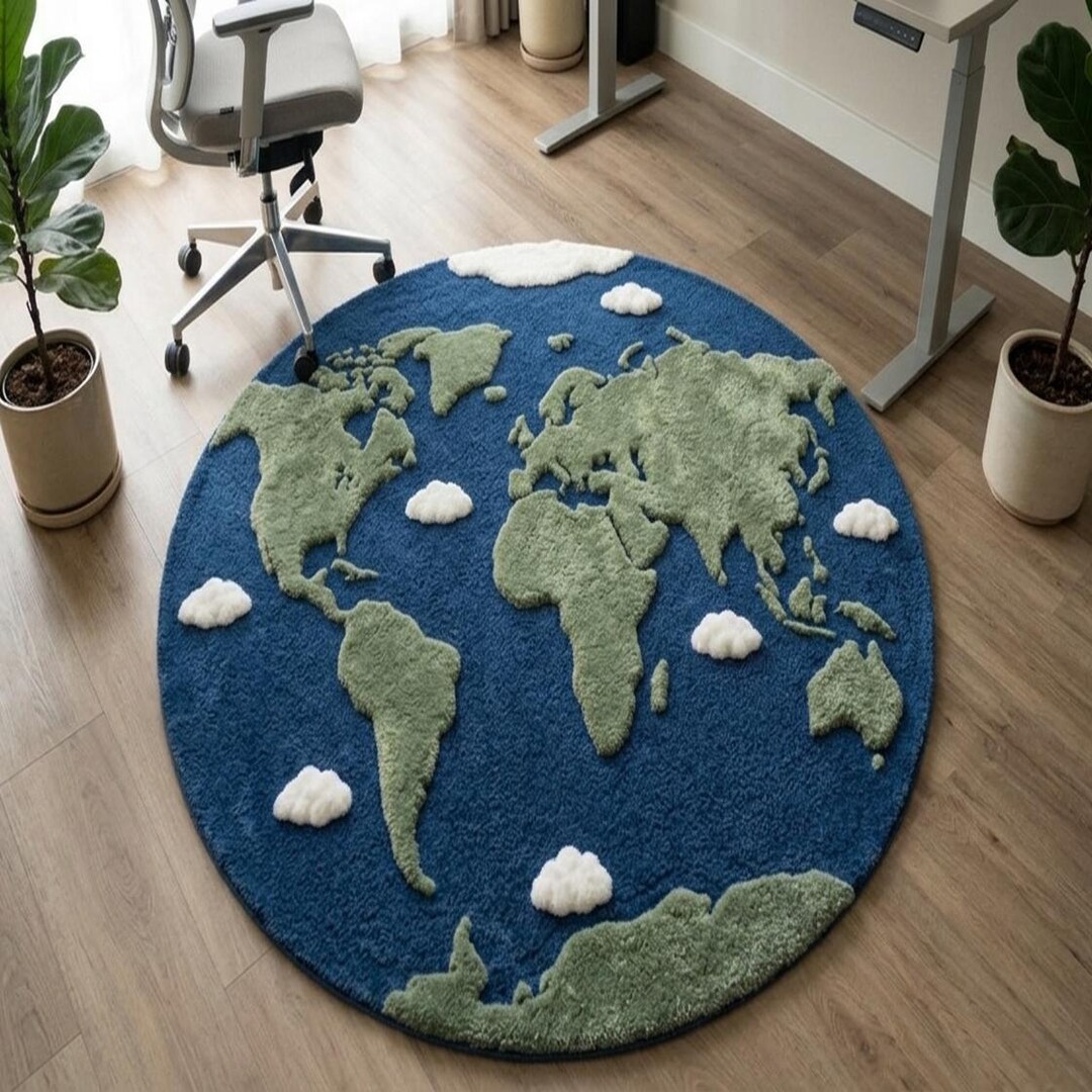 Hand Tufted World Map Rug – Round Earth Carpet, Kids Room Educational ...